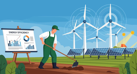 Illustration of sustainable farming practices with renewable energy sources and efficiency graphs