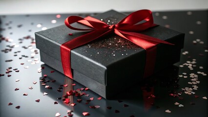 Elegant black gift box tied with a red ribbon on a reflective surface