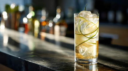 A refreshing cucumber cocktail shines in a highball glass with ice. The crisp garnish and golden hue make it perfect for summer bar settings and craft drink menus.