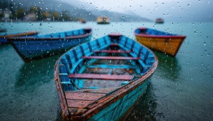 Colorful wooden rowboats on a rainy lake