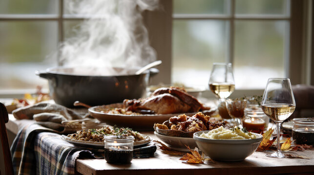 A steaming Thanksgiving dinner table features roast turkey, mashed potatoes, and festive sides. Warm lighting and elegant wine glasses evoke a cozy holiday celebration.
