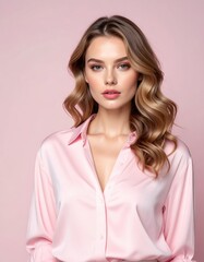 Elegant woman in pastel pink blouse with wavy brunette hair on pink background
