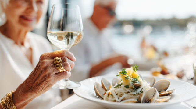 A senior woman enjoys white wine with a gourmet seafood pasta dish. The setting exudes elegance and leisure, perfect for a sophisticated outdoor dining experience.