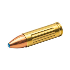 A single golden bullet with a copper tip and blue polymer insert on a transparent background PNG cutout isolate