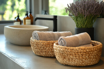 Fototapeta premium towels neatly folded on a bathroom counter.