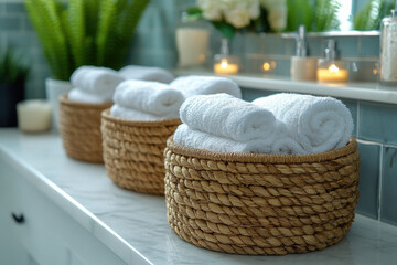 Obraz premium Basket of towels and candles in bathroom.