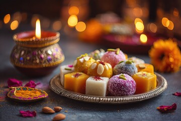 Traditional Indian sweets mithai on decorative plate Diwali festival treats colorful desserts celebration cultural delicacies
