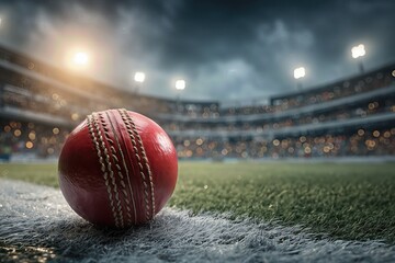 Red cricket ball on grass field stadium lights background professional sports venue night scene dramatic atmospheric lighting

