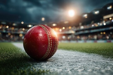 Professional cricket ball on illuminated stadium field night scene sports venue atmospheric lighting championship game ready
