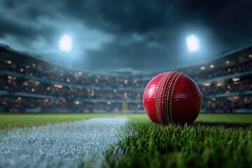 Cricket ball close up on stadium grass field night scene with bright floodlights professional sports venue dramatic lighting
