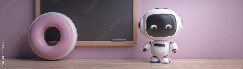 Poster a cute robot stands next to a pink donut and a chalkboard, creating a whimsical and playful atmosphe