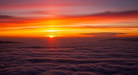 Fototapeta premium A breathtaking sunrise paints vibrant hues across a vast expanse of clouds, casting a warm glow over the landscape below.