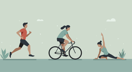 Fototapeta premium Abstract sports composition of people doing different activities (running, cycling, yoga) in a flat minimal style with muted tones