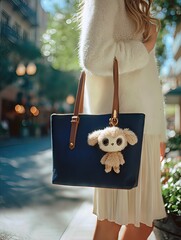 Beautiful woman holding rabbit printed canvas tote bag outdoor lifestyle sustainable fashion eco friendly shopping accessories style
