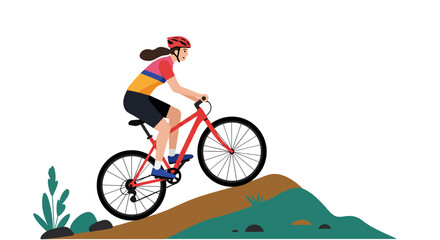 Flat vector illustration of a cyclist riding mountain bike on a hill, adventure outdoor sport, healthy lifestyle, white background