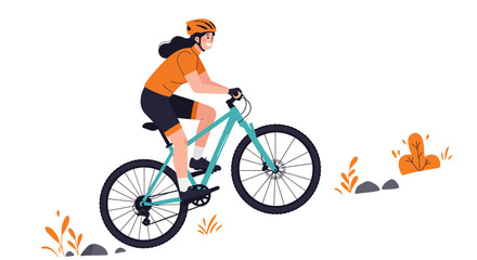 Fototapeta premium Flat vector illustration of a cyclist riding mountain bike on a hill, adventure outdoor sport, healthy lifestyle, white background