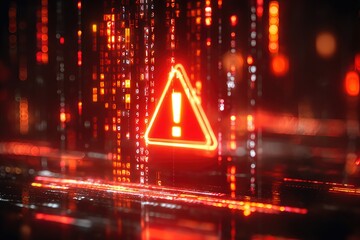 Futuristic red warning triangle alert icon digital technology background cybersecurity caution danger emergency notification system design

