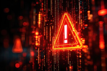 Digital warning alert triangle with red neon glow futuristic technology background cybersecurity danger emergency notification interface
