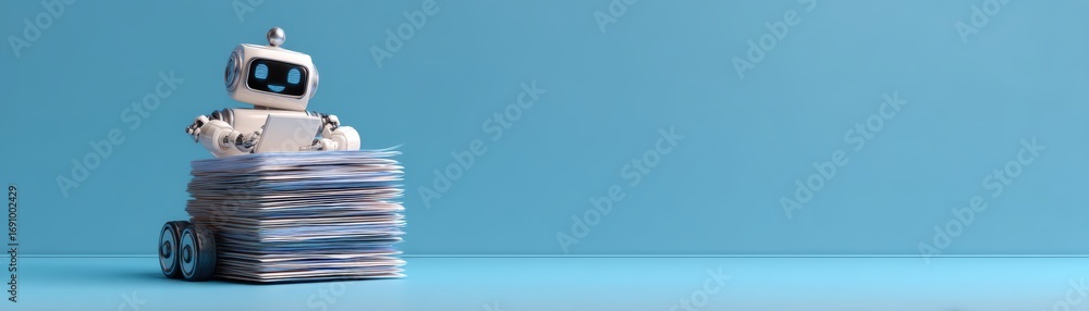 Poster a cute robot sits atop a stack of papers, engaging with a device against a solid blue background, sy
