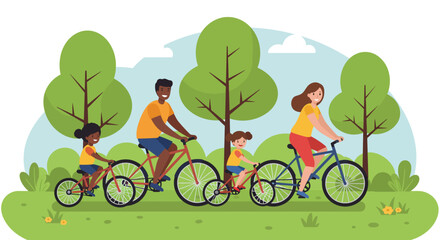 Naklejka premium Illustration of a family riding bicycles together, parents and kids enjoying outdoor activity, healthy lifestyle, flat vector design