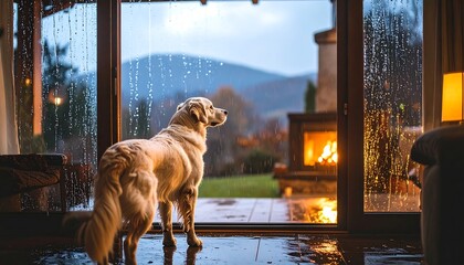Golden Retriever at window in rain