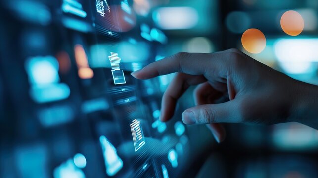 Digital interactive building directory touch screen surface, glowing icon, subtle finger press, digital interface. - Powered by Adobe