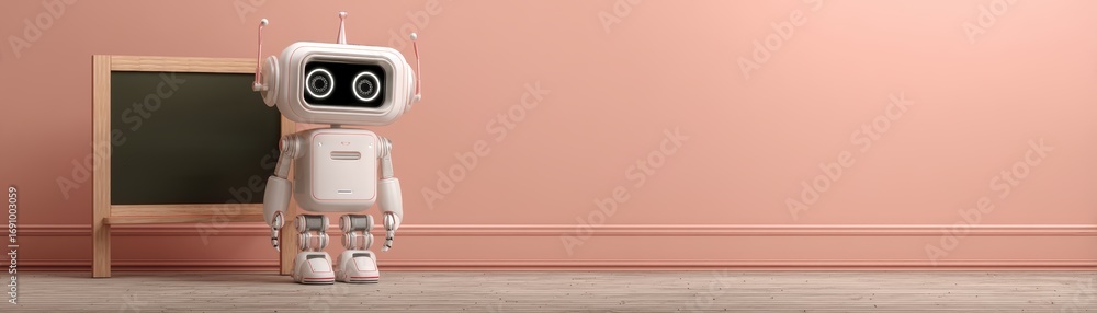 Poster a cute robot stands next to a small chalkboard in a minimalist pink room, combining elements of tech