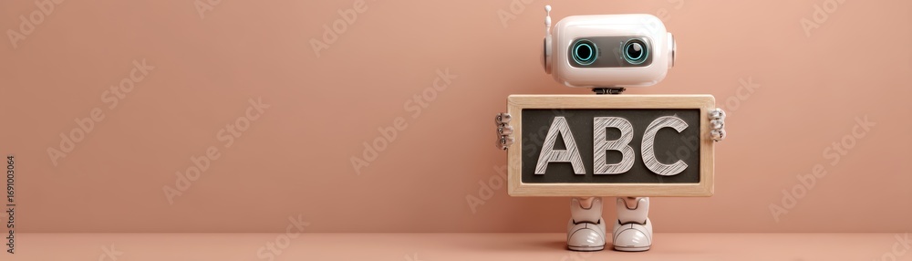 Poster a friendly robot holds a chalkboard displaying the letters 
