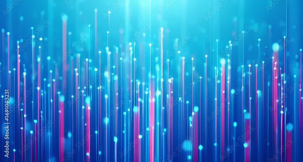 Poster abstract blue background with glowing particles and light streaks, representing data flow or digital