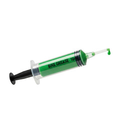 A close up of a syringe filled with green bike grease against a transparent background shot