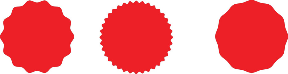 Wavy edge circle sticker. Star burst shape tags for price. Blank sale round sticker. Simple circle red wax seal. Vector illustrations set isolated on white background.