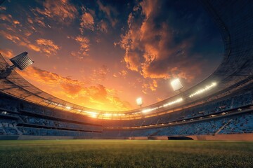 Beautiful sports stadium sunset scene with golden sky dramatic clouds empty venue atmospheric lighting professional arena architecture
