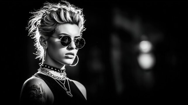 Rocker girl in sunglasses, intense half-profile portrait with dramatic lighting, exuding bold confidence and urban edge.
