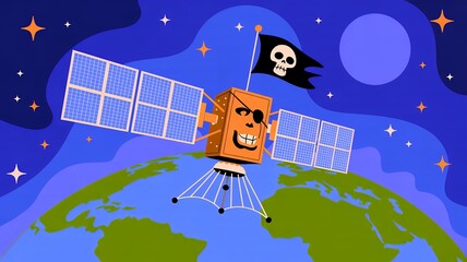 Cartoon Satellite with Skull Flag Orbiting Earth in Space Illustration