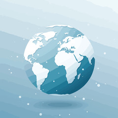 Serene watercolor Earth illustration, partially snow-covered on a soft blue background. Symbolizes climate change, environmental concerns, and nature's delicate beauty. Flat design vector.