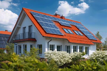 Beautiful house with solar energy panels eco friendly sustainable home green technology renewable power residential solar installation
