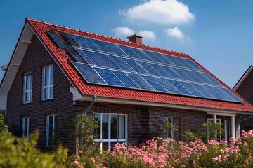 Modern eco friendly house with solar panels on roof sustainable green energy residential architecture renewable power home
