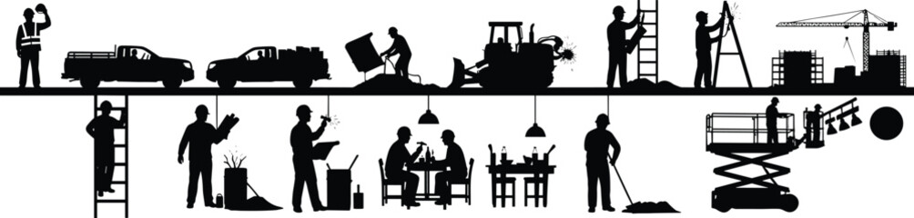 Construction site workers silhouettes operating trucks, machinery, welding, lifting, welding, office planning, lighting setup, maintenance, teamwork, and site supervision.