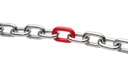 Close up of a strong metal chain with one unique red link standing out PNG cutout transparent background isolate