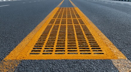 Fototapeta premium Yellow metal drain grate in asphalt road