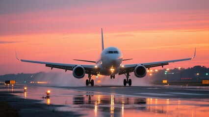 Fototapeta premium Passenger Commercial Airplane Landing on Runway at Sunset with Vibrant Sky