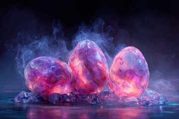 Three glowing, translucent pink-purple eggs, nestled amongst ice crystals, shrouded in smoke in a dark setting