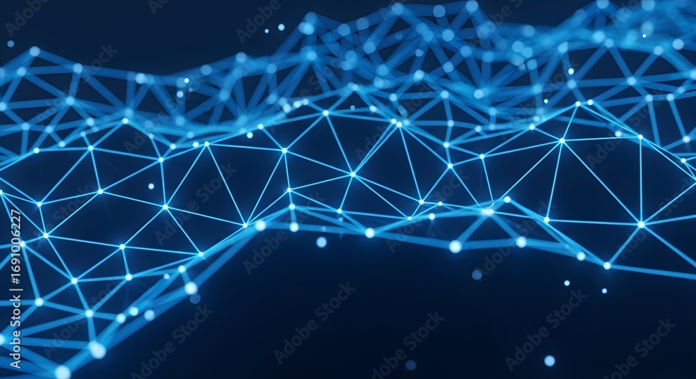 Poster abstract network of interconnected nodes and lines on a dark blue background.