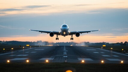 Commercial Airplane Landing on Runway During Sunset with Pink and Blue Sky