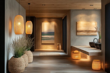 Person admiring reflection in bathroom mirror, wooden floor.