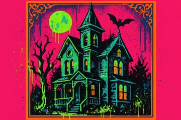 Neon haunted mansion with bats and moon. Use for Halloween posters, spooky event flyers, seasonal advertising and haunted attraction promotions
