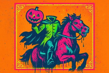 Colorful headless horseman with jack o lantern. Use for Halloween posters, haunted attraction events, spooky seasonal decor and party advertising
