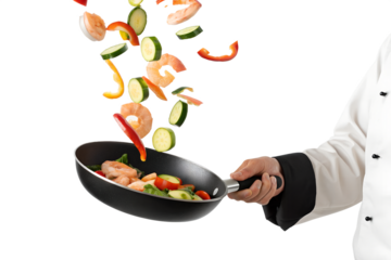Chef expertly tossing shrimp and vegetables in a hot pan, creating a vibrant culinary masterpiece