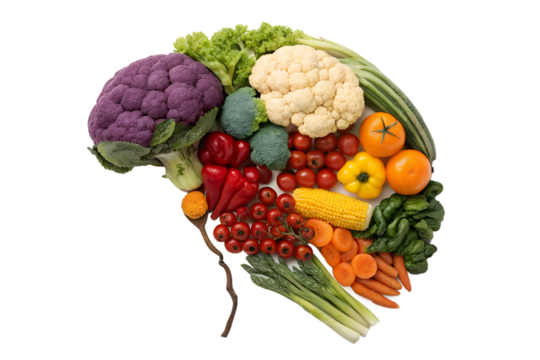 Colorful, fresh vegetables and fruits arranged as a brain, highlighting nutrition's vital role in cognitive health, memory, and mental wellness