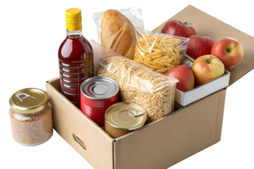 Variety of nutritious food items, including fresh apples, canned goods, pasta, and bread, neatly packed in a cardboard box, symbolizing food aid, grocery delivery, or household stock